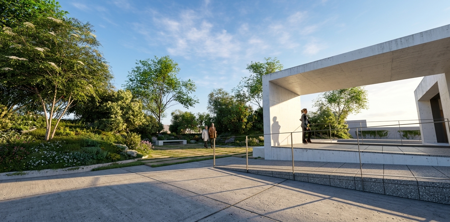 Pórtico de acceso al jardín de la ampliación del Tanatorio de Manresa