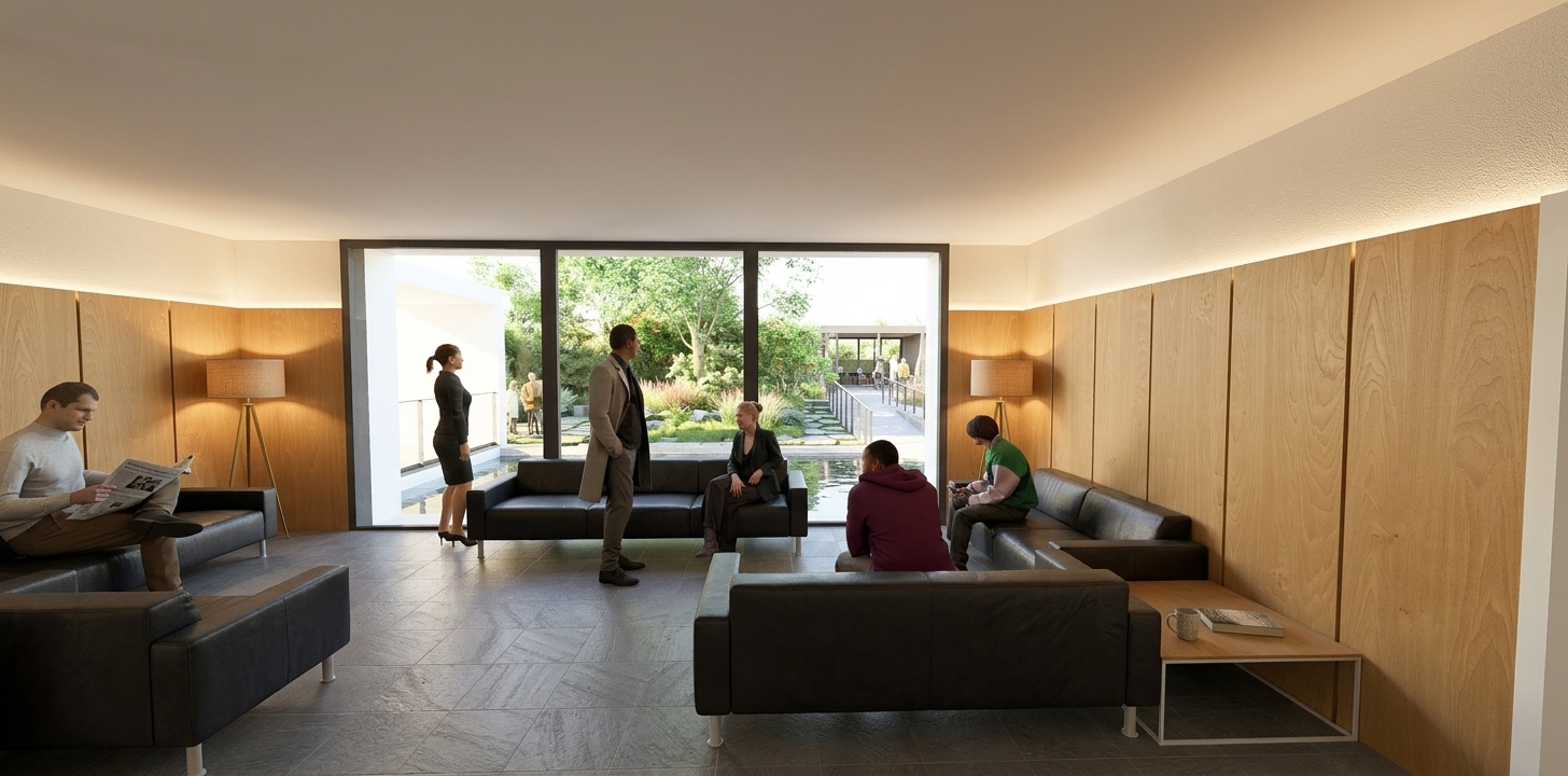 Espacio interior de espera con madera y vistas al jardín en la ampliación del Tanatorio de Manresa