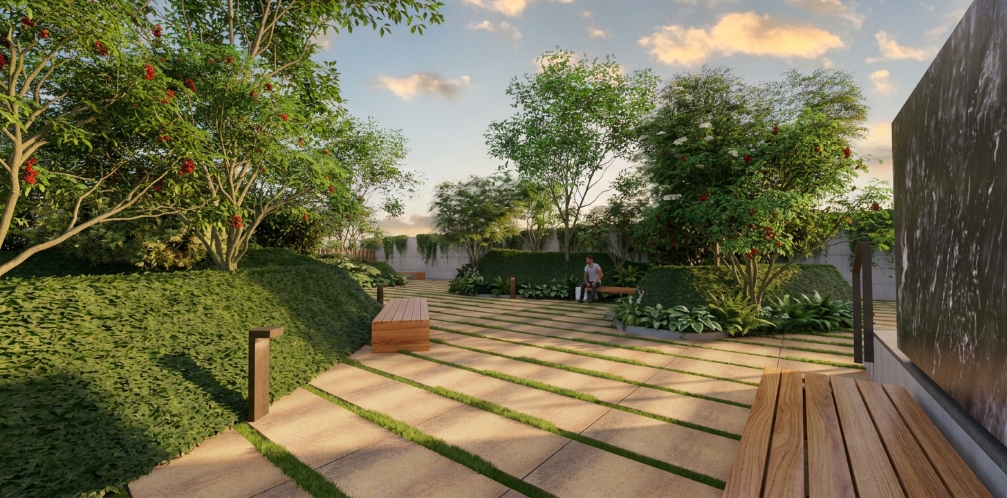 Jardín de la ampliación del Tanatorio de Manresa con recorridos entre vegetación