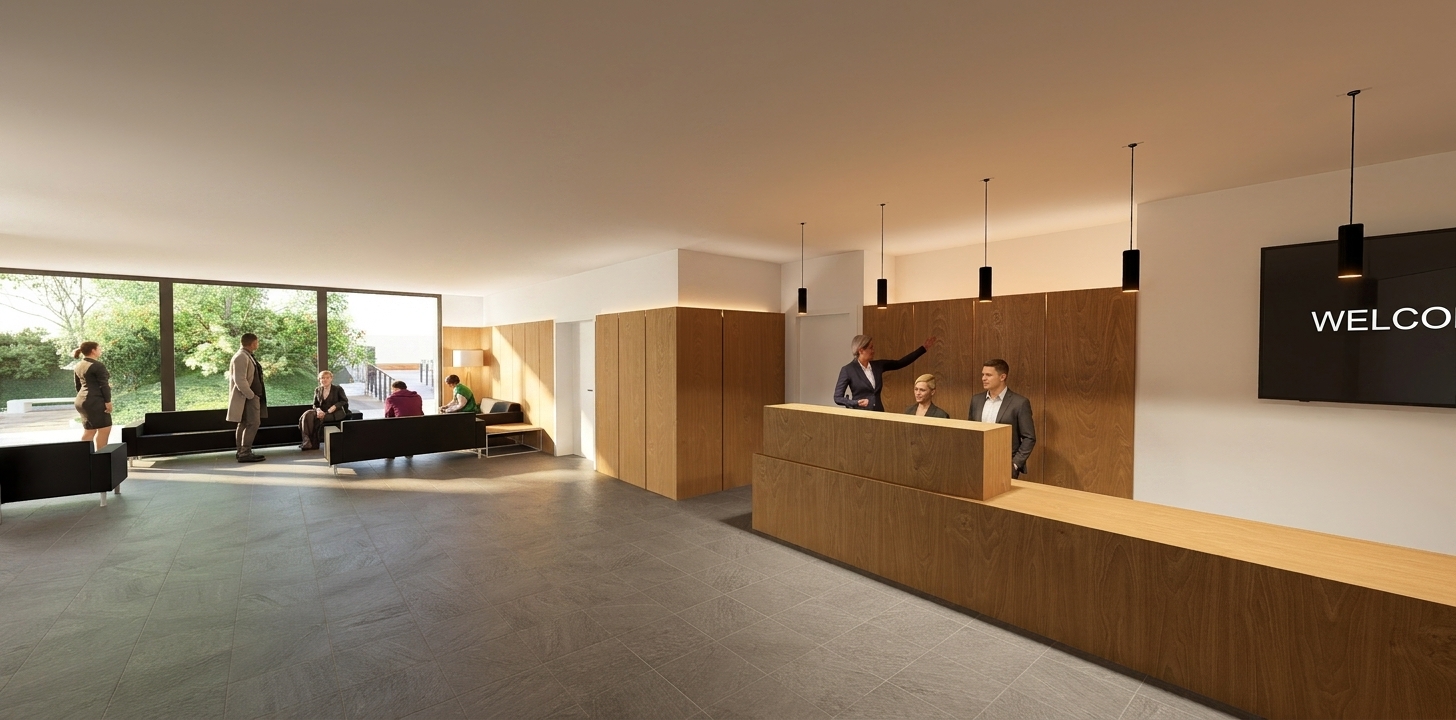 Recepción y zona de espera de la ampliación del Tanatorio de Manresa