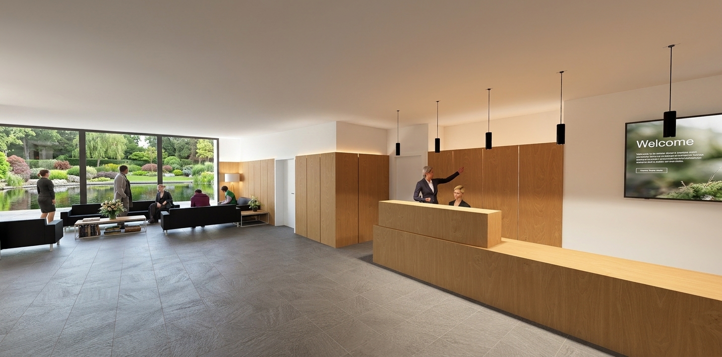 Recepción de la ampliación del Tanatorio de Manresa con mostrador de madera y vistas al jardín
