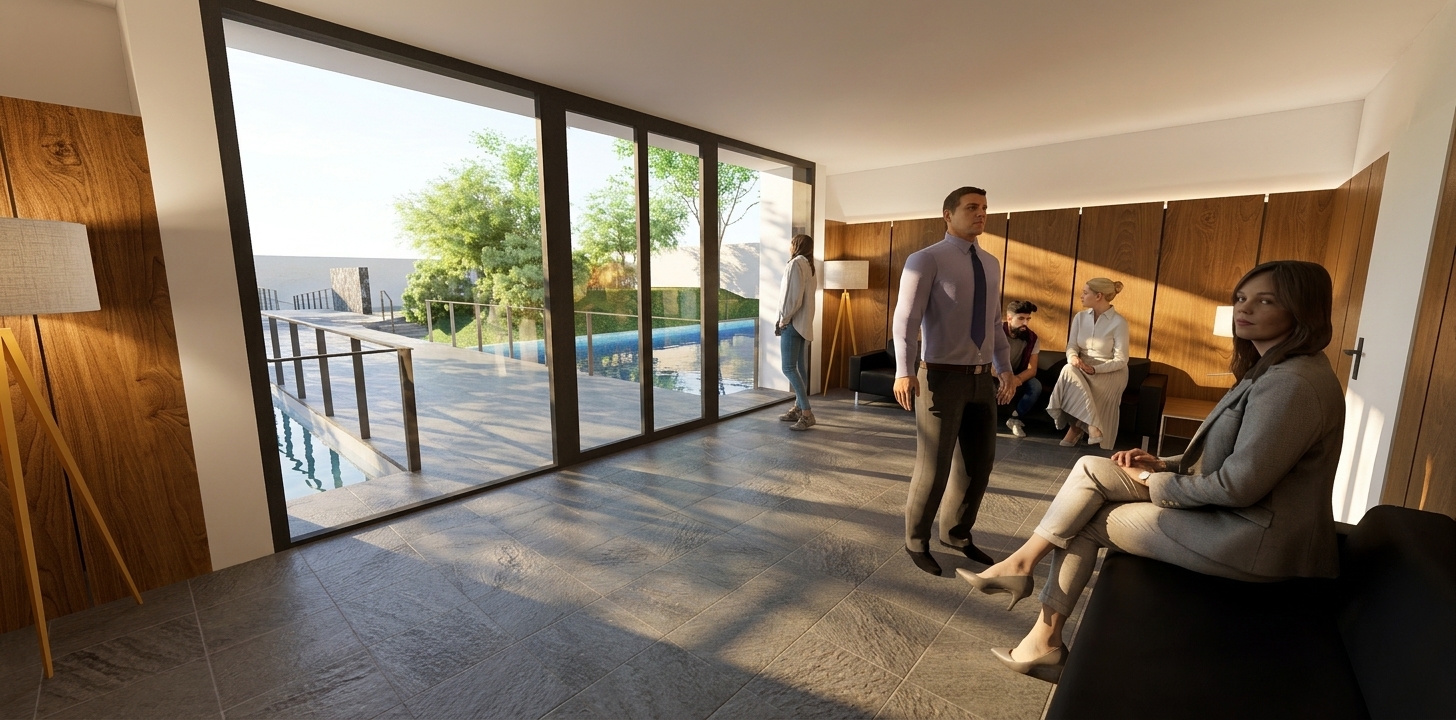 Sala de espera de la ampliación del Tanatorio de Manresa abierta al jardín