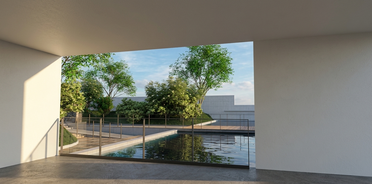 Vista enmarcada hacia el jardín y las láminas de agua del Tanatorio de Manresa