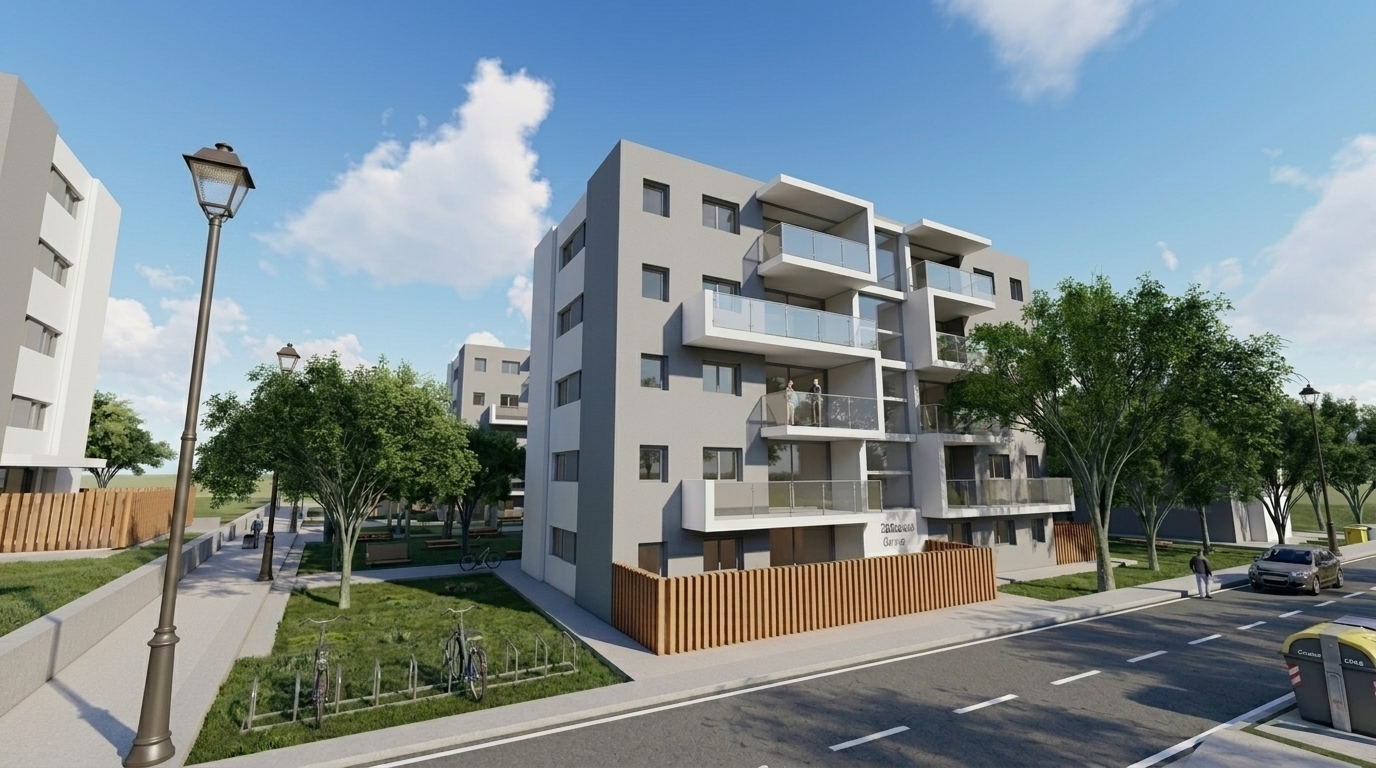Edificios de apartamentos para estudiantes y espacio ajardinado en Girona