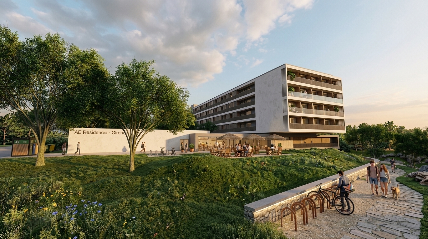 Fachada de la residencia de estudiantes integrada en el jardín