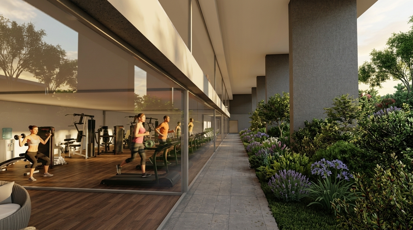 Gimnasio abierto al jardín de la residencia de estudiantes