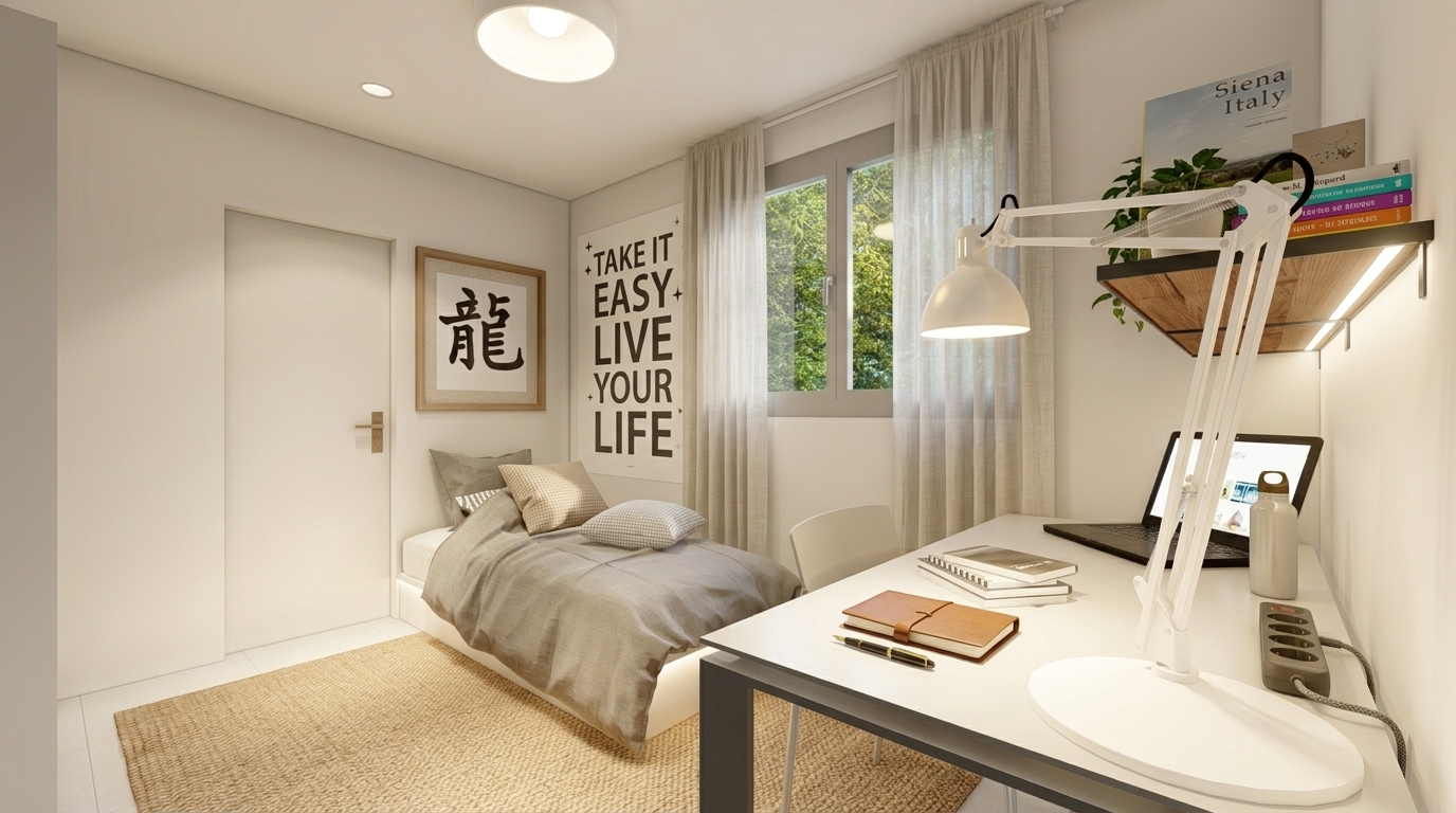 Habitación individual con zona de estudio en la residencia