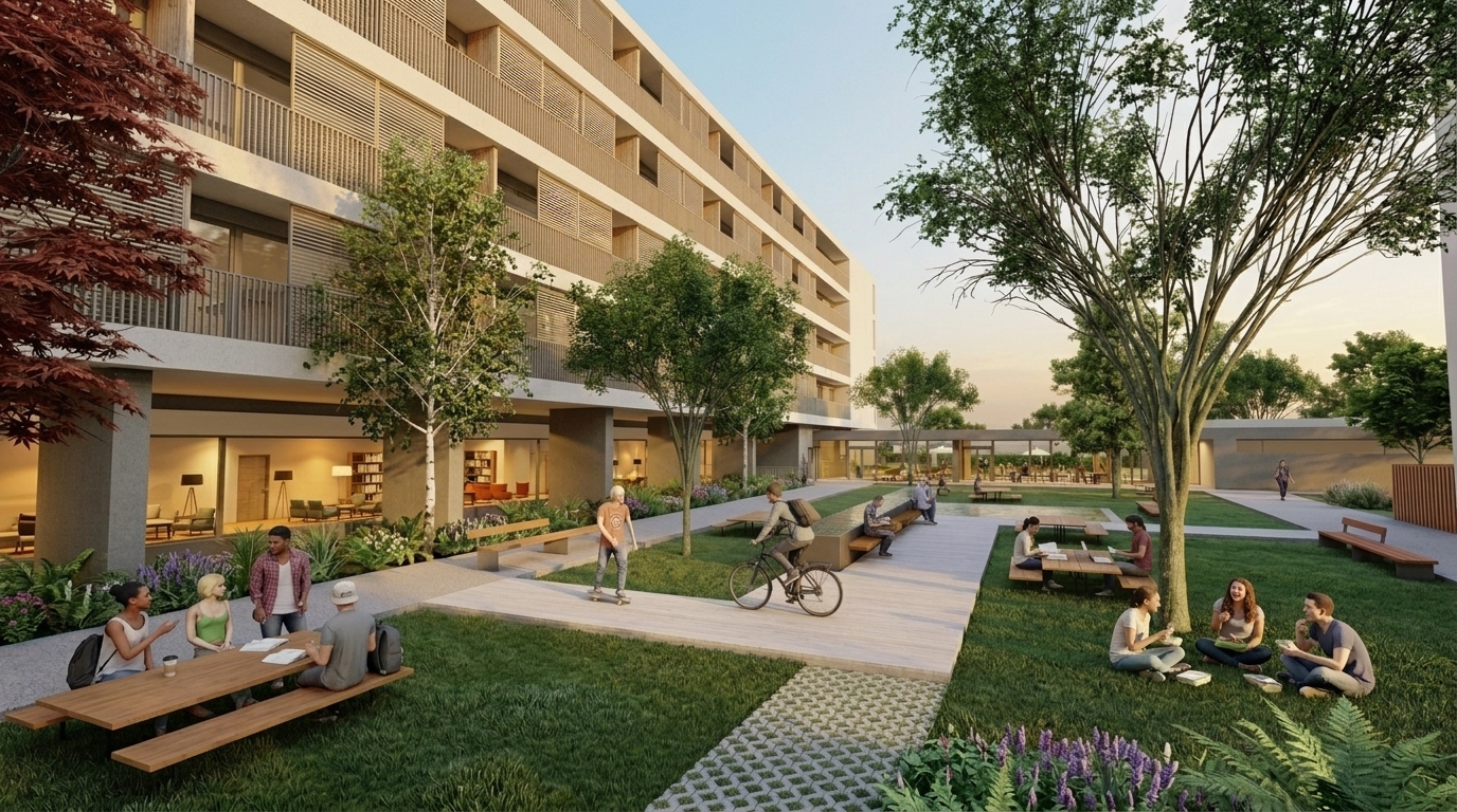 Jardín y espacio común exterior para estudiantes