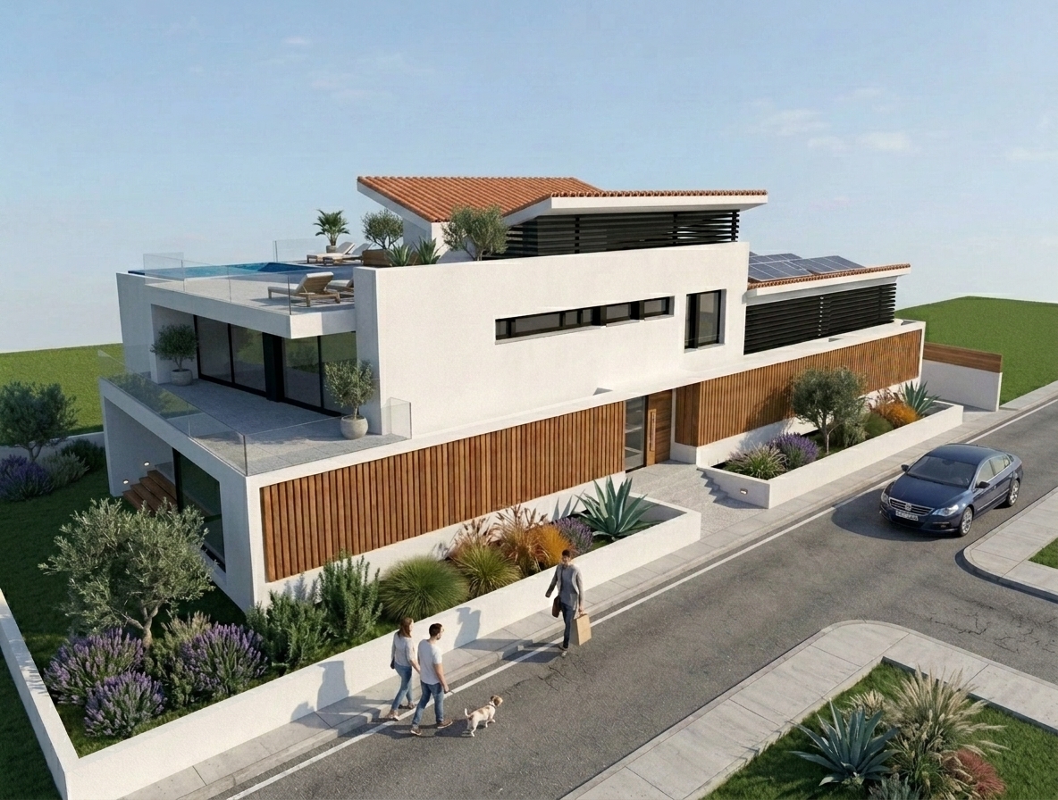 Fachada de acceso con celosías de madera y jardinería mediterránea