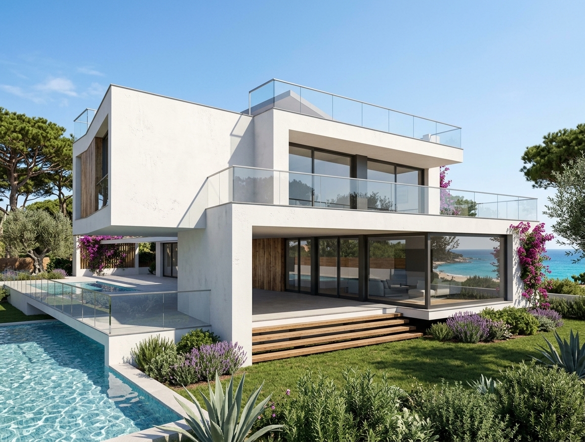 Fachada abierta al jardín y al mar de una vivienda en S'Agaró