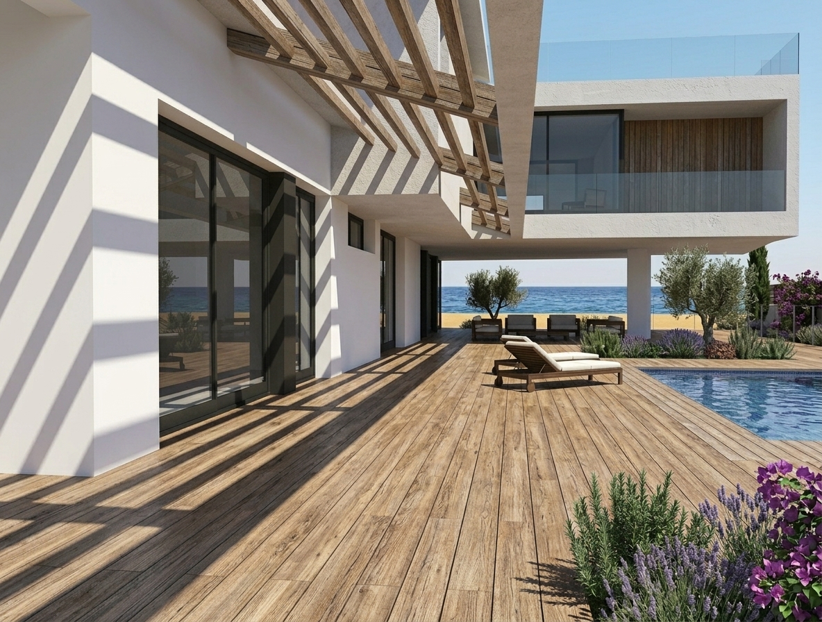Terraza de madera, pérgola y vistas al mar de una vivienda en S'Agaró