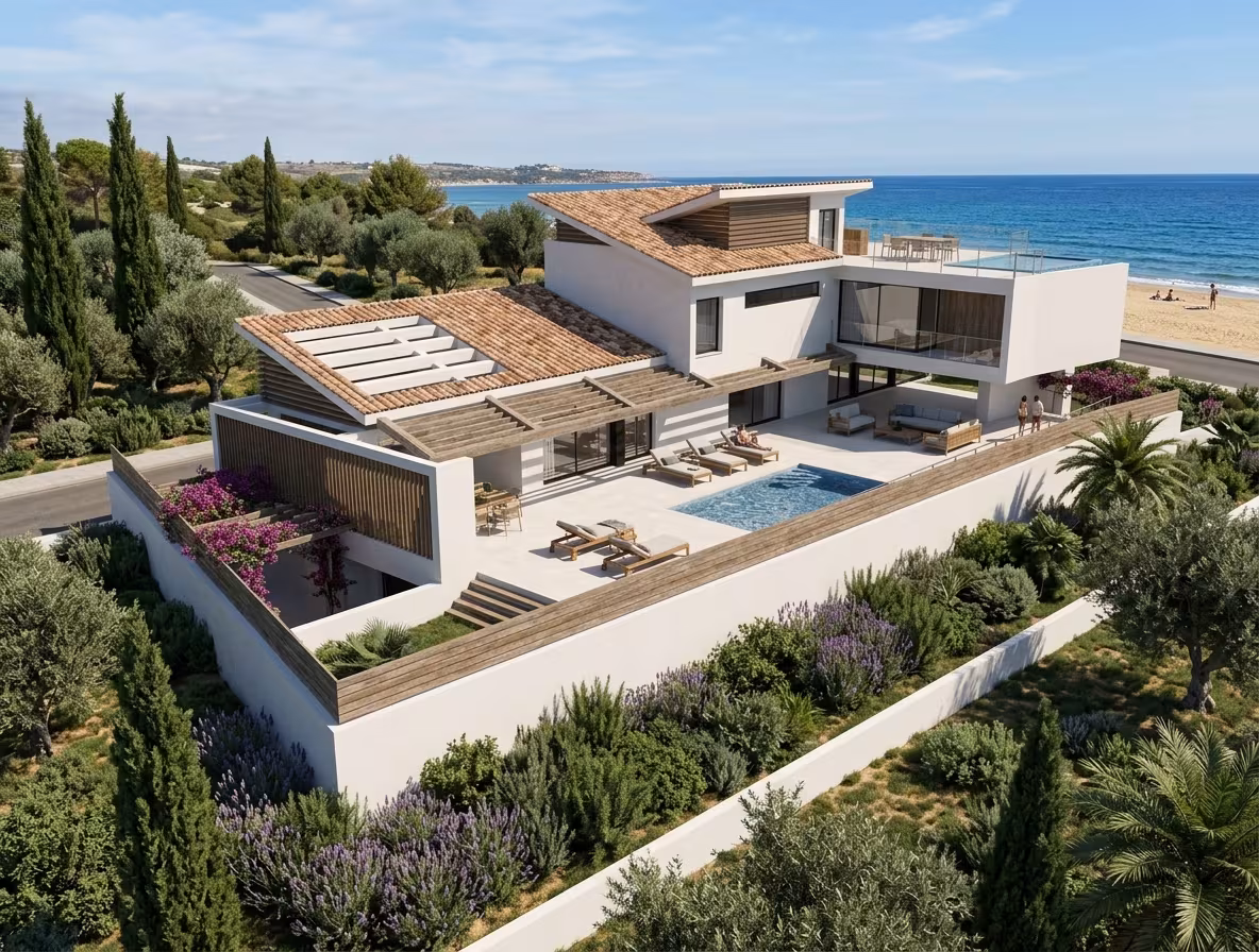 Vista aérea de vivienda unifamiliar con terrazas, piscina y vistas al mar en S'Agaró