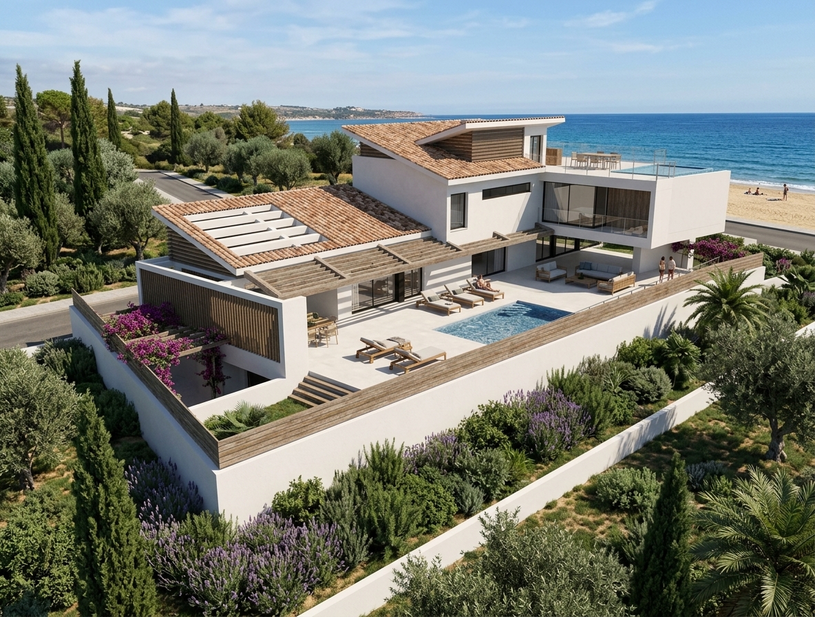 Vista aérea de vivienda unifamiliar con terrazas, piscina y vistas al mar en S'Agaró