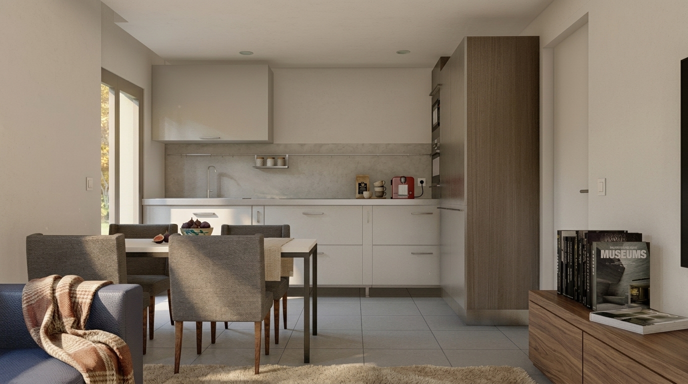 Cocina y comedor de una vivienda modular compacta