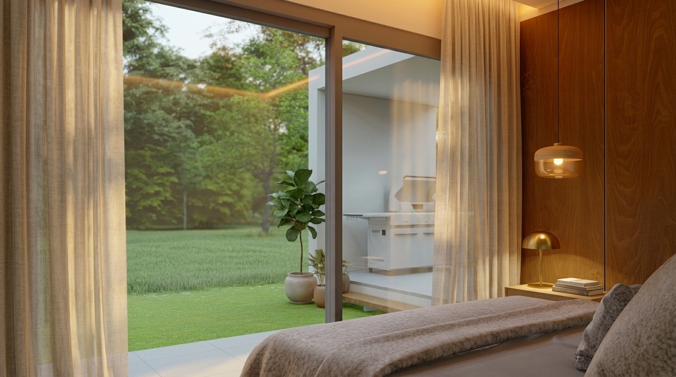 Dormitorio abierto al jardín de una vivienda modular compacta