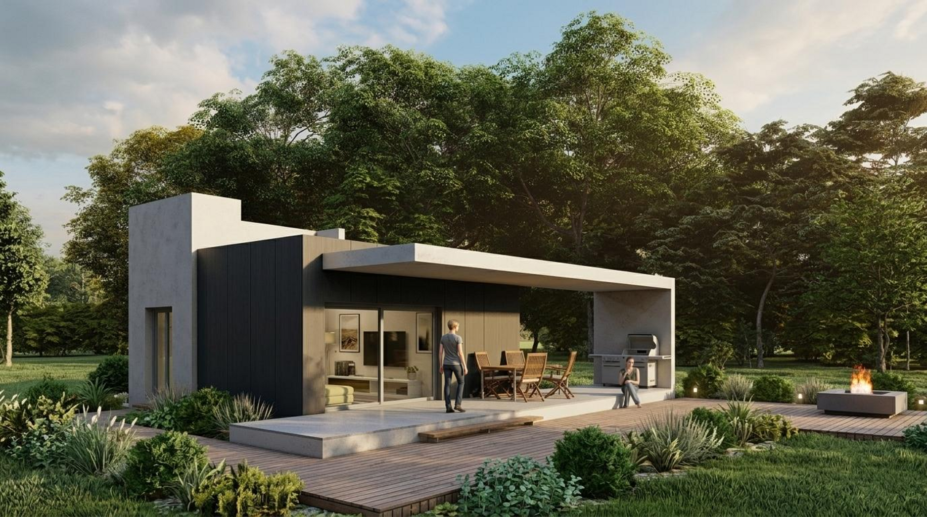 Porche y jardín de una vivienda modular compacta