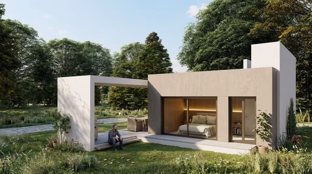 Vista exterior de vivienda modular compacta de una planta con porche