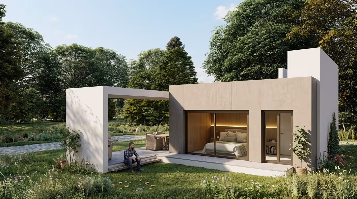 Vista exterior de vivienda modular compacta de una planta con porche