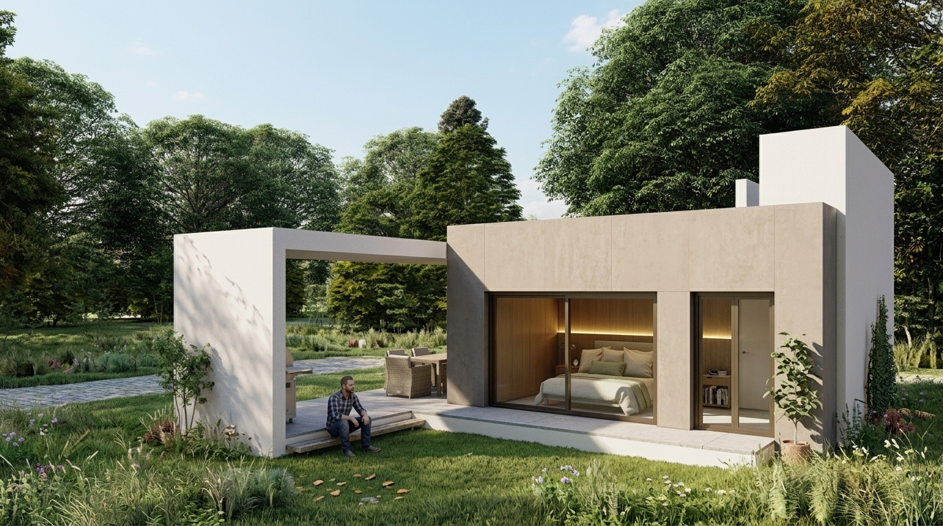 Vista exterior de vivienda modular compacta de una planta con porche